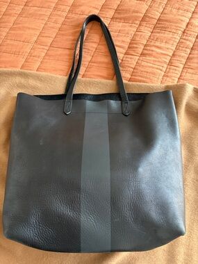 Madewell Black Leather Transport Tote with Gray Center Stripe